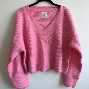 Billabong No Where Else V-Neck Cropped Sweater Size M Hot Pink